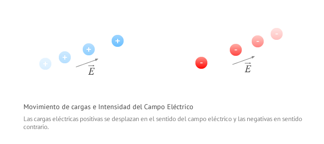 Las cargas eléctricas positivas se desplazan en el sentido del campo eléctrico y las negativas en sentido contrario.