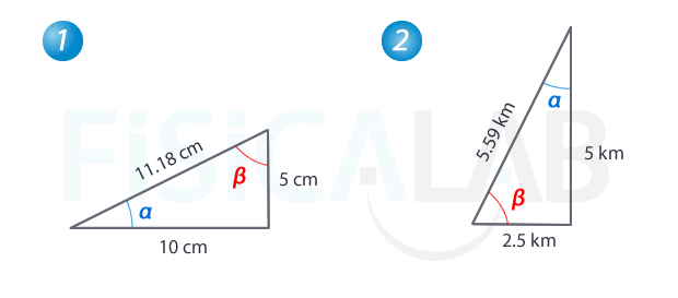 Dos triángulos rectángulos para calcular las razones de sus ángulos agudos