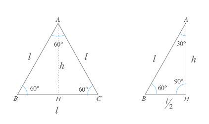 Un triángulo equilatero se puede dividir en dos triángulos equiláteros,cada uno de ellos tendrá un ángulo de 30º, 60º y 90º